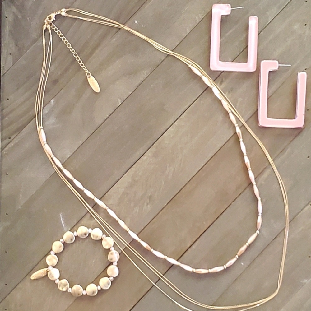 Jewelry set includes bracelet, necklace and earrings